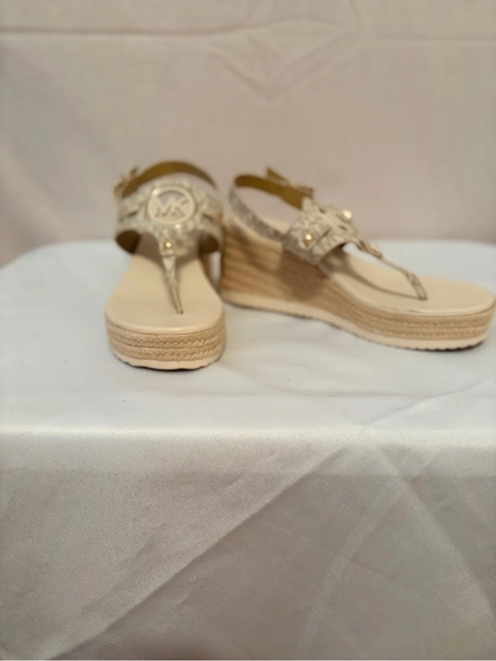 Michael Kors Neutral Beige Logo Espadrille Wedge Sandals
